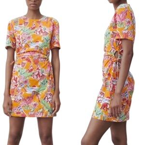 LN Zara Orange Tropical Floral Monkey Print Cutout Knit Mini Dress - M